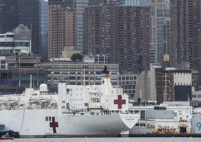 The USNS Comfort hospital ship in New York is a throwback to the 1860s when two British warships were used as hospital ships in Lndon during a smallpox outbreak (Picture: Kena Betancur/Getty Images)