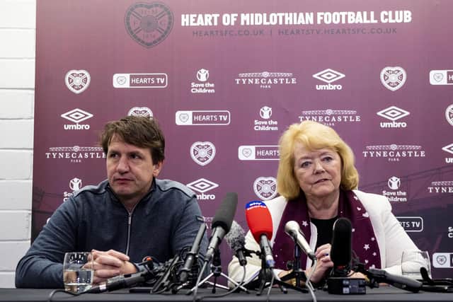 Hearts manager Daniel Stendel, pictured with owner Ann Budge, has agreed to waive his salary. Picture: Craig Williamson / SNS