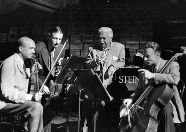 20 September 1947:  At the first Edinburgh Festival, are, (from left to right), Hungarian-American violinist Joseph Szigeti, Scottish violist William Primrose, Austrian pianist Artur Schnabel, and French cellist Pierre Fournier (Picture: Gerti Deutsch/Picture Post/Getty Images)