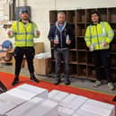 The Marr the merrier: From left to right, Benedict Grant, president Stephen Allam, Brandon Sweet and Scott Bickerstaff helping produce sanitising gels.