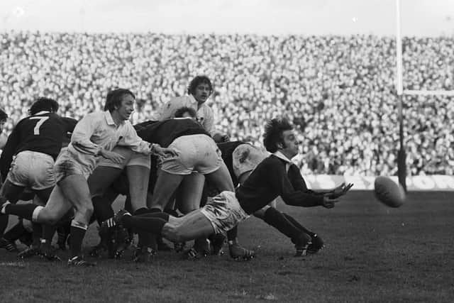 Dougie Morgan gets a pass away during Scotland's Calcutta Cup defeat by England in 1978, his final cap