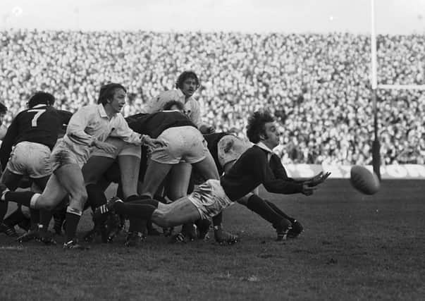 Dougie Morgan gets a pass away during Scotland's Calcutta Cup defeat by England in 1978, his final cap
