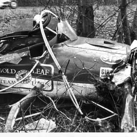 The wreckage of the crash which killed Jim Clark at Hockenheim in Germany on 7 April 1968.