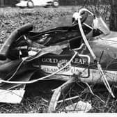 The wreckage of the crash which killed Jim Clark at Hockenheim in Germany on 7 April 1968.