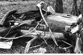 The wreckage of the crash which killed Jim Clark at Hockenheim in Germany on 7 April 1968.