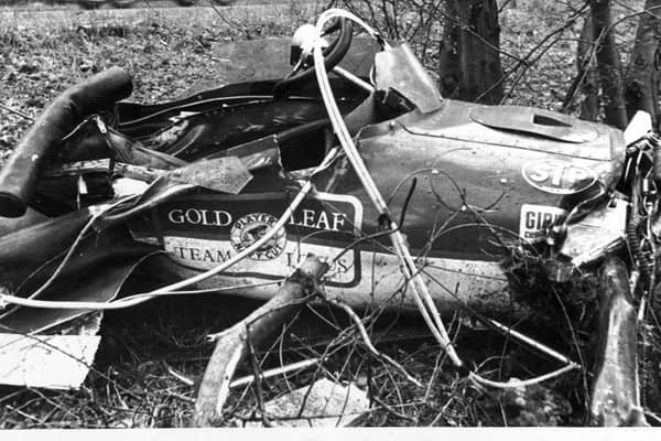The wreckage of the crash which killed Jim Clark at Hockenheim in Germany on 7 April 1968.