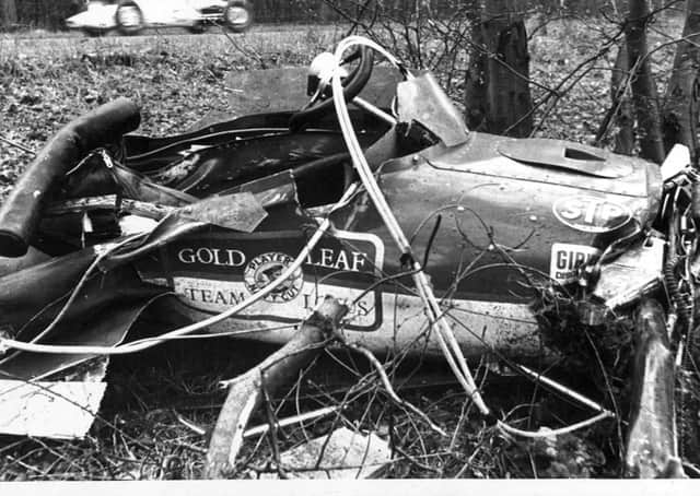 The wreckage of the crash which killed Jim Clark at Hockenheim in Germany on 7 April 1968.