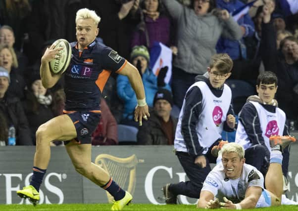 Edinburgh's Darcy Graham in full flow during his match-winning performance against Glasgow Warriors in the 1872 Cup win at BT Murrayfield on December. Picture: Ross Parker / SNS