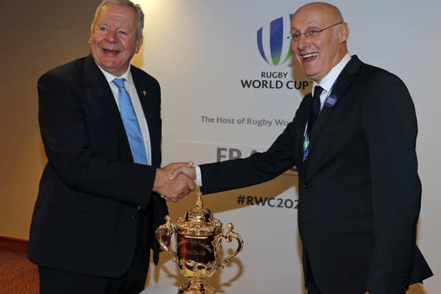 French rugby chief Bernard Laporte, right, with chairman of World Rugby Bill Beaumont. Picture: Adrian Dennis/AFP via Getty Images
