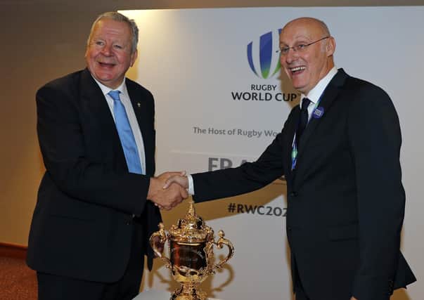 French rugby chief Bernard Laporte, right, with chairman of World Rugby Bill Beaumont. Picture: Adrian Dennis/AFP via Getty Images