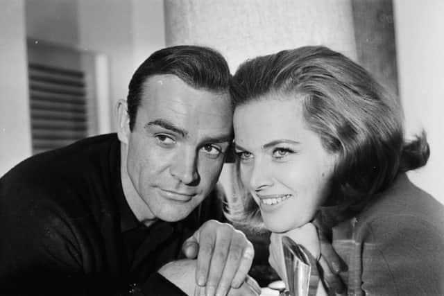 Portrait of James Bond actors Sean Connery and Honor Blackman, to promote the film 'Goldfinger', 1964. (Photo by Express/Getty Images)