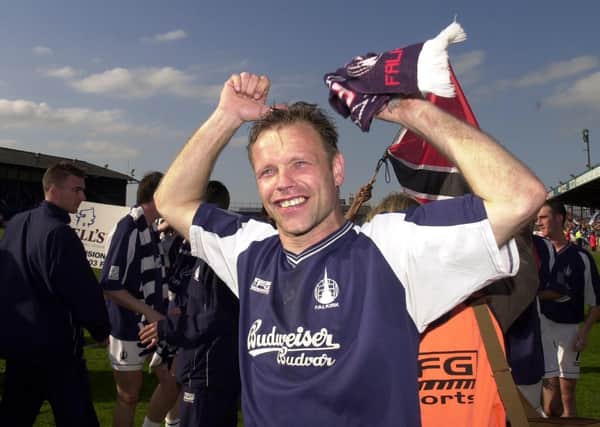 Falkirk's John Hughes celebrates promotion in 2003 but the club were denied a place in the top flight. Picture: Andrew Stuart/TSPL
