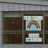 Piture : John Devlin 01/04/2020. CAMBUSLANG. A poignant message left in a locked building. Coronavirus. Rainbow message.