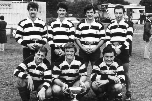 Kelso's all-conquering sevens team of the 1980s: Euan Common, Graeme Brown, Bob Hogarth, Andrew Ker (back row) and Gary Callander, Eric Paxton, Keith Gerrard (front row), pictured in 1983. Picture: TSPL