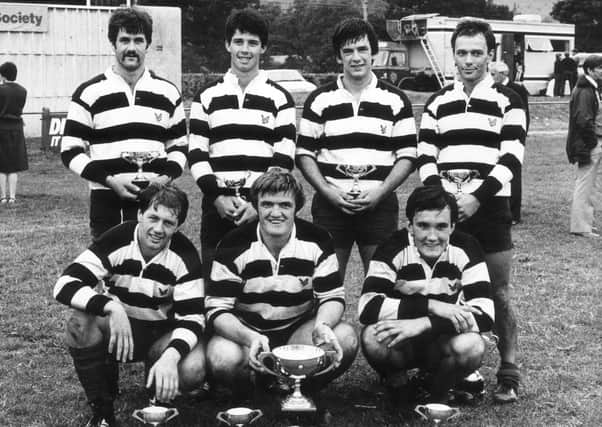 Kelso's all-conquering sevens team of the 1980s: Euan Common, Graeme Brown, Bob Hogarth, Andrew Ker (back row) and Gary Callander, Eric Paxton, Keith Gerrard (front row), pictured in 1983. Picture: TSPL