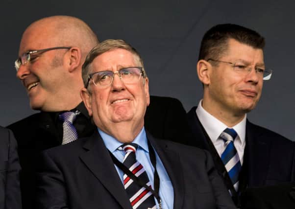Rangers interim chairman Douglas Park, centre, and SPFL chief executive Neil Doncaster, right. Picture: Alan Harvey/SNS