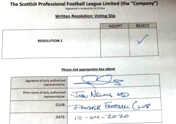 The voting slip which Dundee originally intended to send to the SPFL.