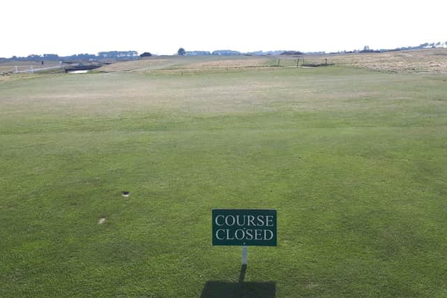 The ‘Course Closed’ sign is displayed at Carnoustie,as at every club across Scotland during the current coronavirus crisis.