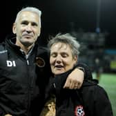 Stenhousemuir general manager Margaret Kilpatrick, who has lost her husband Billy to Covid-19, with first team manager Davie Irons. Picture: Michael Gillen