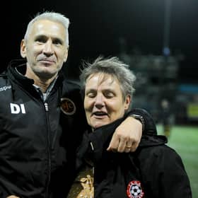 Stenhousemuir general manager Margaret Kilpatrick, who has lost her husband Billy to Covid-19, with first team manager Davie Irons. Picture: Michael Gillen