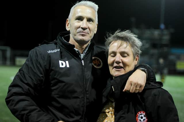 Stenhousemuir general manager Margaret Kilpatrick, who has lost her husband Billy to Covid-19, with first team manager Davie Irons. Picture: Michael Gillen