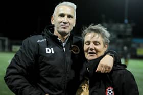 Stenhousemuir general manager Margaret Kilpatrick, who has lost her husband Billy to Covid-19, with first team manager Davie Irons. Picture: Michael Gillen