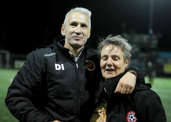 Stenhousemuir general manager Margaret Kilpatrick, who has lost her husband Billy to Covid-19, with first team manager Davie Irons. Picture: Michael Gillen