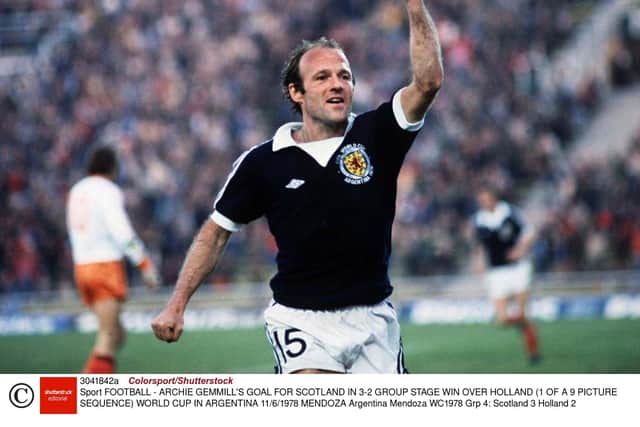 Archie Gemmill throws his fist into the air following his goal against the Netherlands. Picture: Colorsport/Shutterstock
