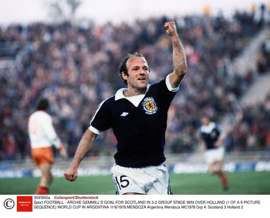 Archie Gemmill throws his fist into the air following his goal against the Netherlands. Picture: Colorsport/Shutterstock