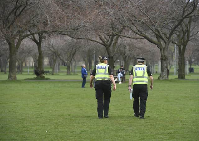 Police on patrol in Edinburgh’s Meadows during the lockdown (Picture: Greg Macvean)