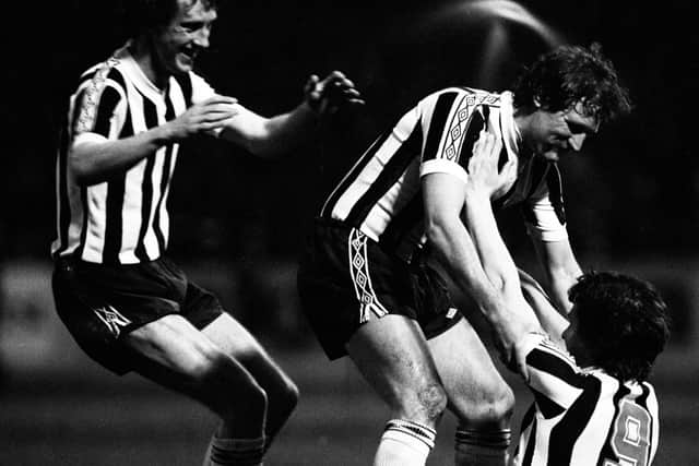 Doug Somner is congratulated by Jimmy Bone and Billy Stark after scoring for St Mirren in the Anglo-Scottish Cup final at Love Street 40 years ago.