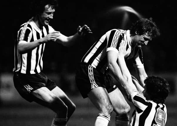 Doug Somner is congratulated by Jimmy Bone and Billy Stark after scoring for St Mirren in the Anglo-Scottish Cup final at Love Street 40 years ago.