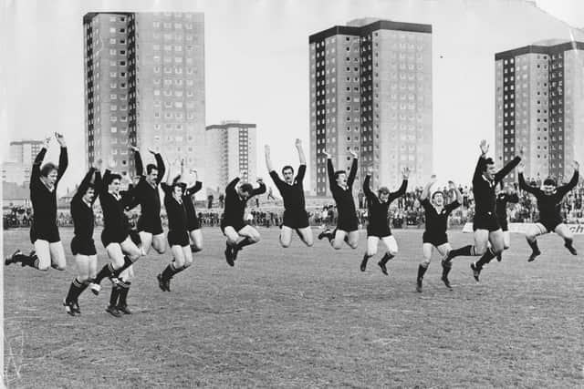 Graham Mourie’s 1978 All Blacks perform the Haka before their 31-3 defeat of the North & Midlands at 	Linksfield Stadium, Aberdeen. Picture: David Powell/Aberdeen Journals