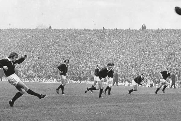 Dougie Morgan – former Scotland captain and British Lion, who died just two weeks ago – kicks one of his three penalties as the Scots beat Wales 12-10 in front of 104,000 fans, a world record crowd that would stand until 1999. Picture: DC Thomson