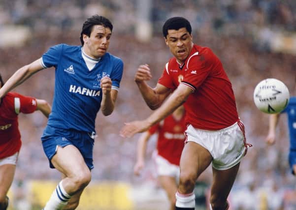 Graeme Sharp vies for possession with Manchester United's Paul McGrath during the 1985 FA Cup final. Picture: Getty.