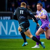 Exeter’s Stuart Hogg.takes on Kyle Steyn of Glasgow during the 31-31 thriller in January. Picture: SNS