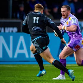 Exeter’s Stuart Hogg.takes on Kyle Steyn of Glasgow during the 31-31 thriller in January. Picture: SNS