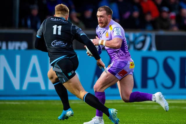 Exeter’s Stuart Hogg.takes on Kyle Steyn of Glasgow during the 31-31 thriller in January. Picture: SNS