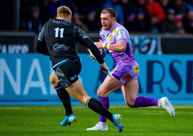Exeter’s Stuart Hogg.takes on Kyle Steyn of Glasgow during the 31-31 thriller in January. Picture: SNS