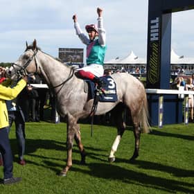 Frankie Dettori on Logician after victory in last year’s St Leger. Picture: Getty