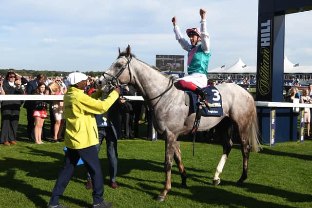 Frankie Dettori on Logician after victory in last year’s St Leger. Picture: Getty