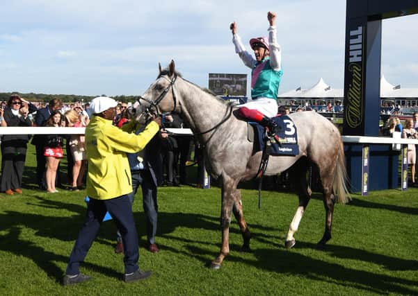 Frankie Dettori on Logician after victory in last year’s St Leger. Picture: Getty