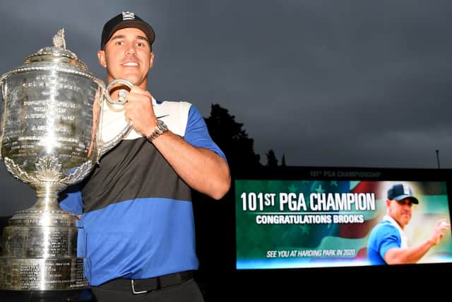 Brooks Koepka celebrates after winning the US PGA Championship at Bethpage Black last May. Picture: Ross Kinnaird/Getty Images