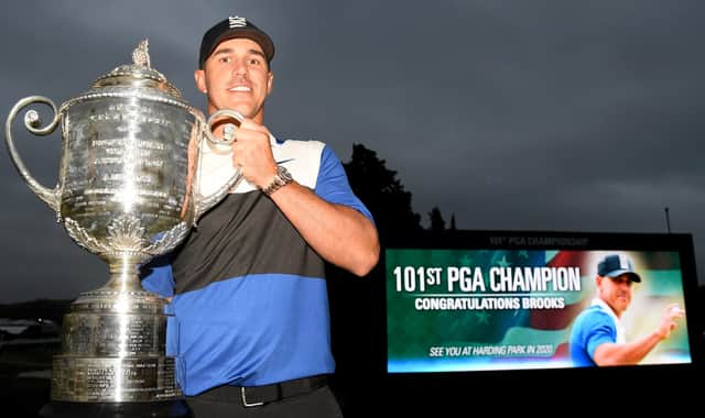 Brooks Koepka celebrates after winning the US PGA Championship at Bethpage Black last May. Picture: Ross Kinnaird/Getty Images