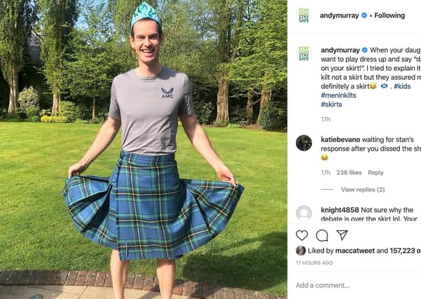 Andy Murray posted this image on Instagram, explaining: "When your daughters want to play dress up and say 'daddy put on your skirt!'"