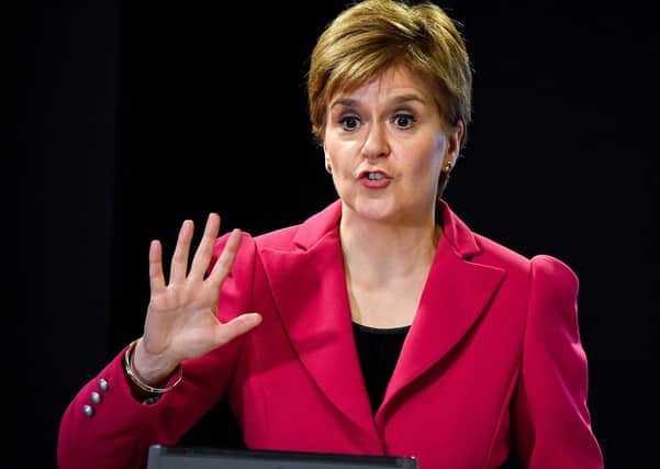 Scotland's First Minister Nicola Sturgeon speaking at a news conference in Edinburgh