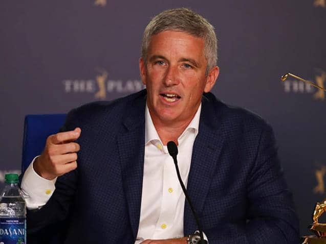 PGA Tour commissioner Jay Monahan announced the no spectator policy at US events at a press conference at Sawgrass during the opening round of The Players Championship. Picture: Getty Images