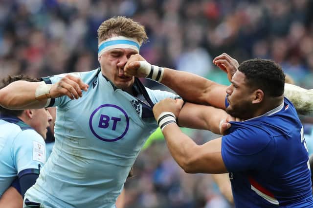 Frenchman Mohamed Haouas was unlucky to be sent off for his punch on Scotland’s Jamie Ritchie, which was part of an ongoing scuffle. Picture: Getty