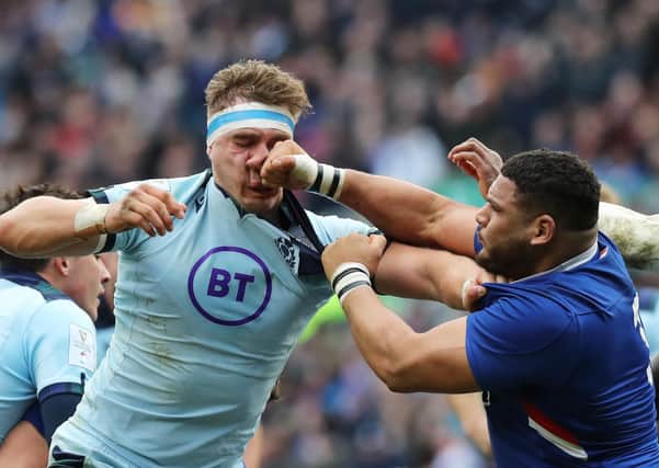 Frenchman Mohamed Haouas was unlucky to be sent off for his punch on Scotland’s Jamie Ritchie, which was part of an ongoing scuffle. Picture: Getty