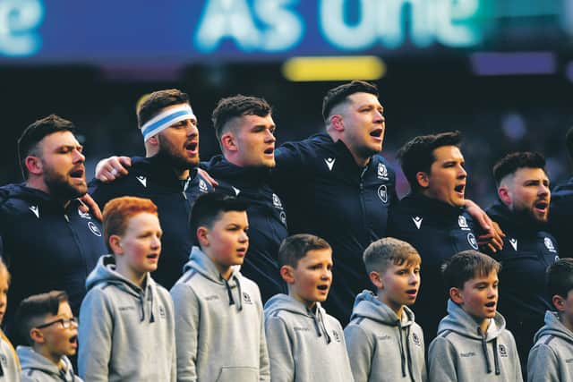 The Scotland team line up to sing the national anthem ahead of last week's Six Nations game against France at Murrayfield. Picture: Stu Forster/Getty Images